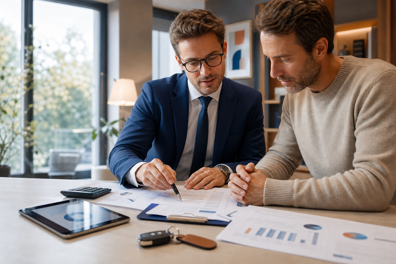 Conseiller analysant un contrat de LOA automobile avec un client dans un bureau lumineux, sans logo visible.