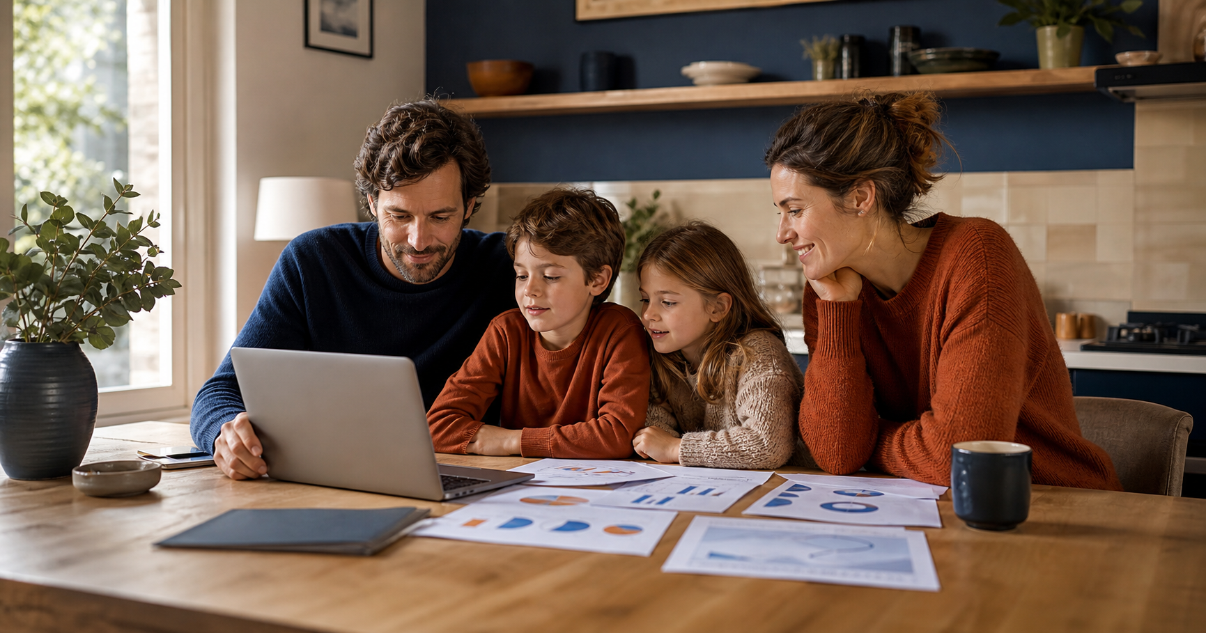 Famille comparant les garanties d’une mutuelle santé à la maison
