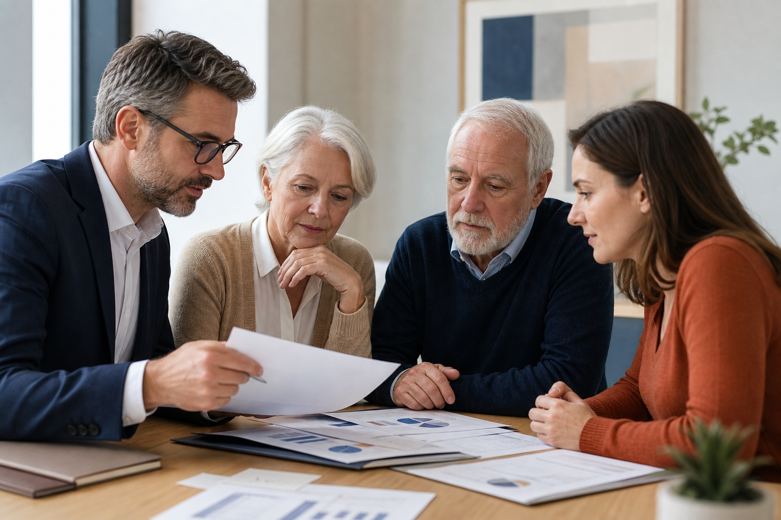 Conseiller assurance échangeant avec une famille sur le financement de la perte d’autonomie