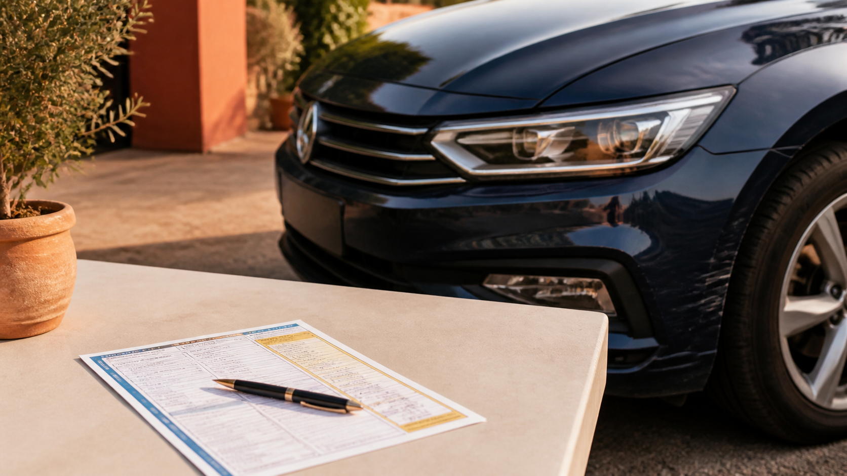 Voiture avec petit choc et documents d’assurance auto sur une table