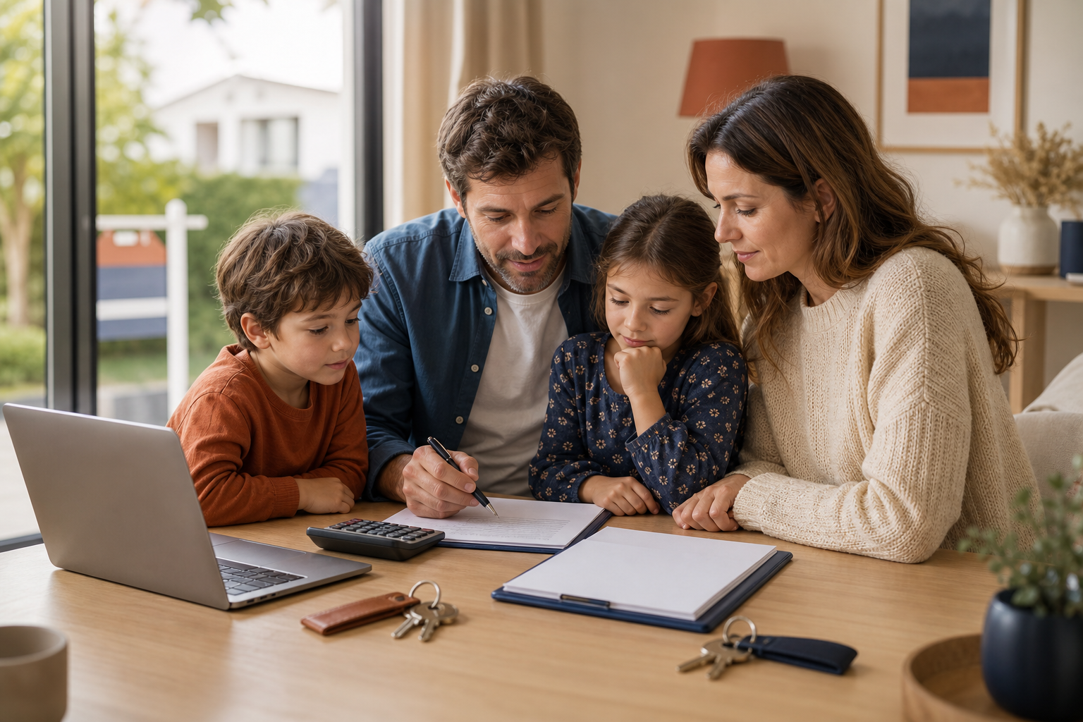 Famille préparant un prêt relais avec deux logements et un dossier de crédit immobilier.