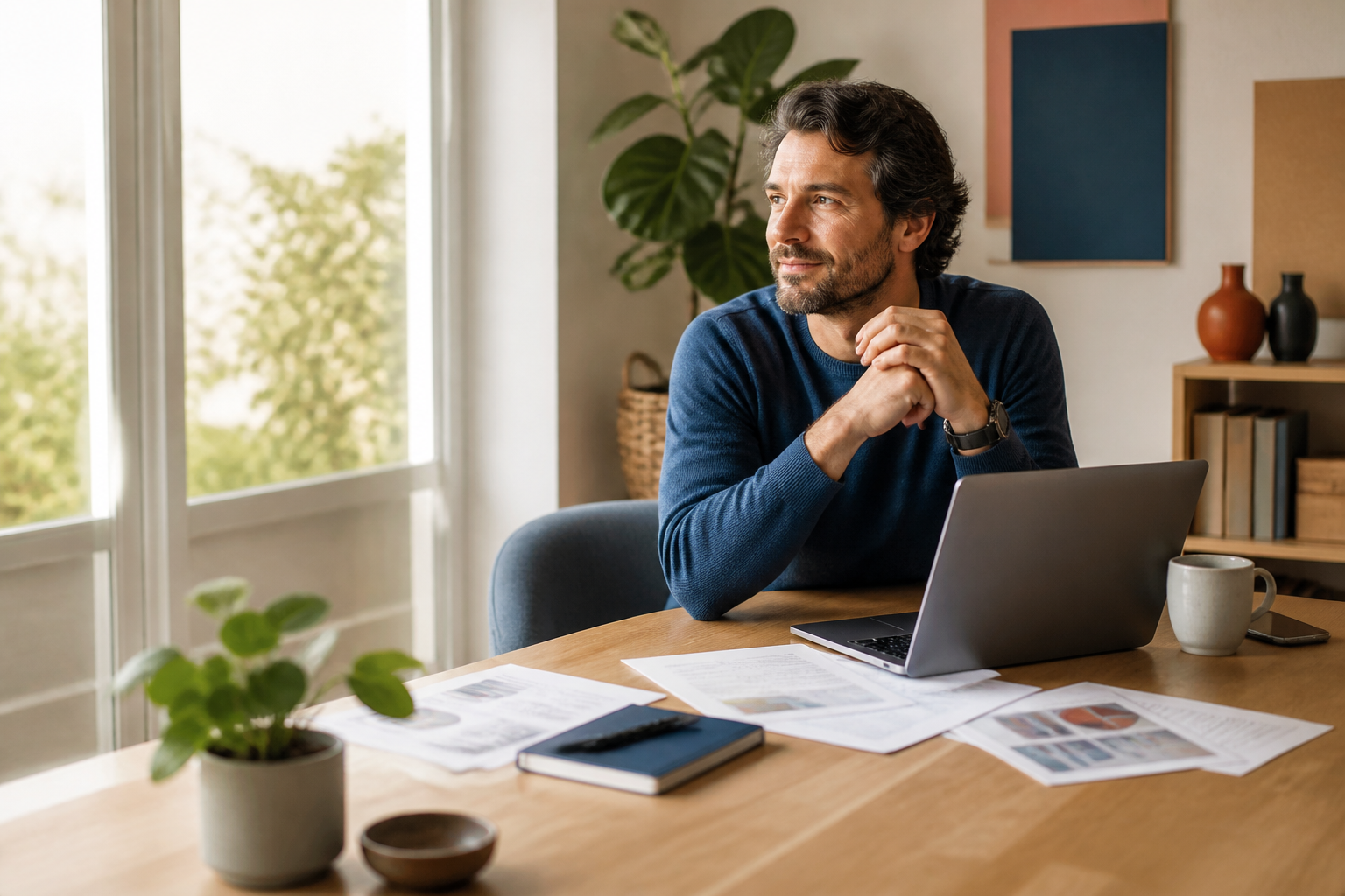 Travailleur indépendant comparant mutuelle santé et prévoyance dans un bureau lumineux