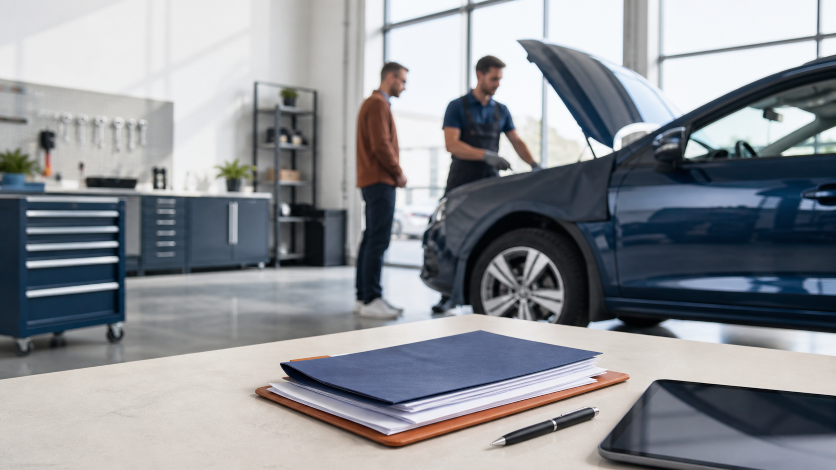Atelier automobile et dossier d’assurance illustrant le coût des réparations auto