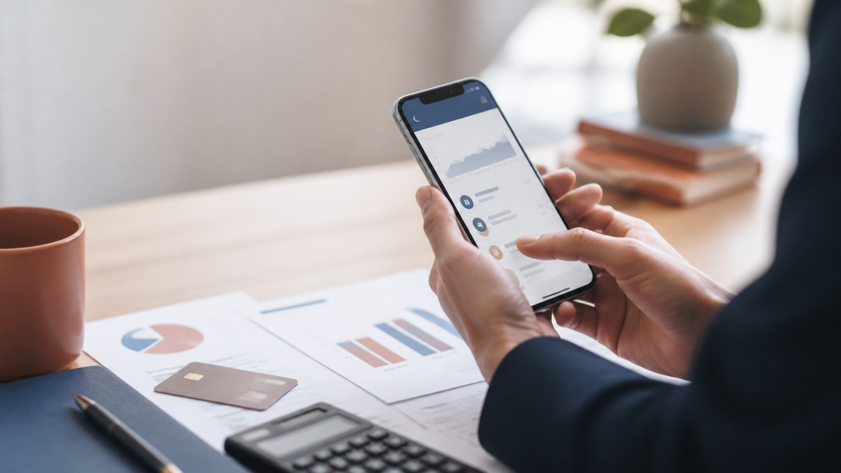Client consultant une application bancaire et des documents de budget