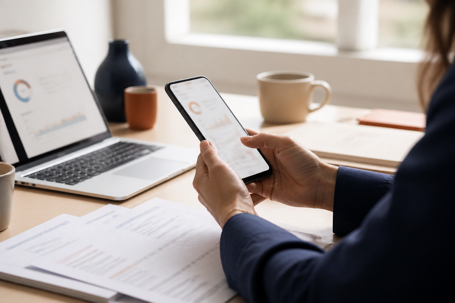 Client vérifiant les informations d’une banque en ligne sur smartphone et documents bancaires.