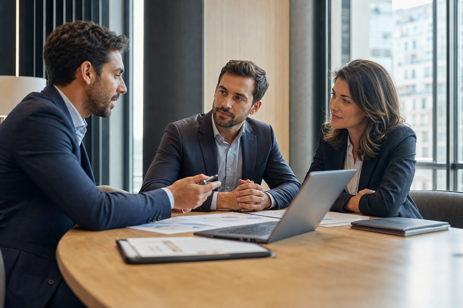 Professionnels analysant des services bancaires et de crédit dans un bureau moderne