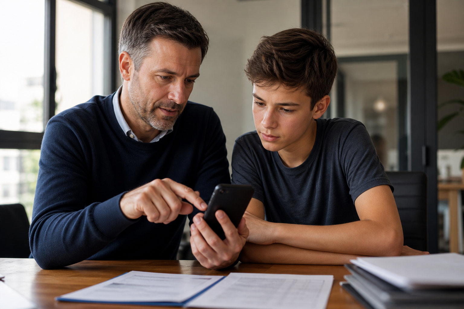Parent et adolescent vérifiant la sécurité numérique sur un smartphone