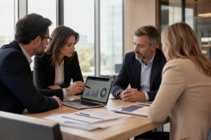 Professionnels analysant un dossier de crédit immobilier et des taux en banque