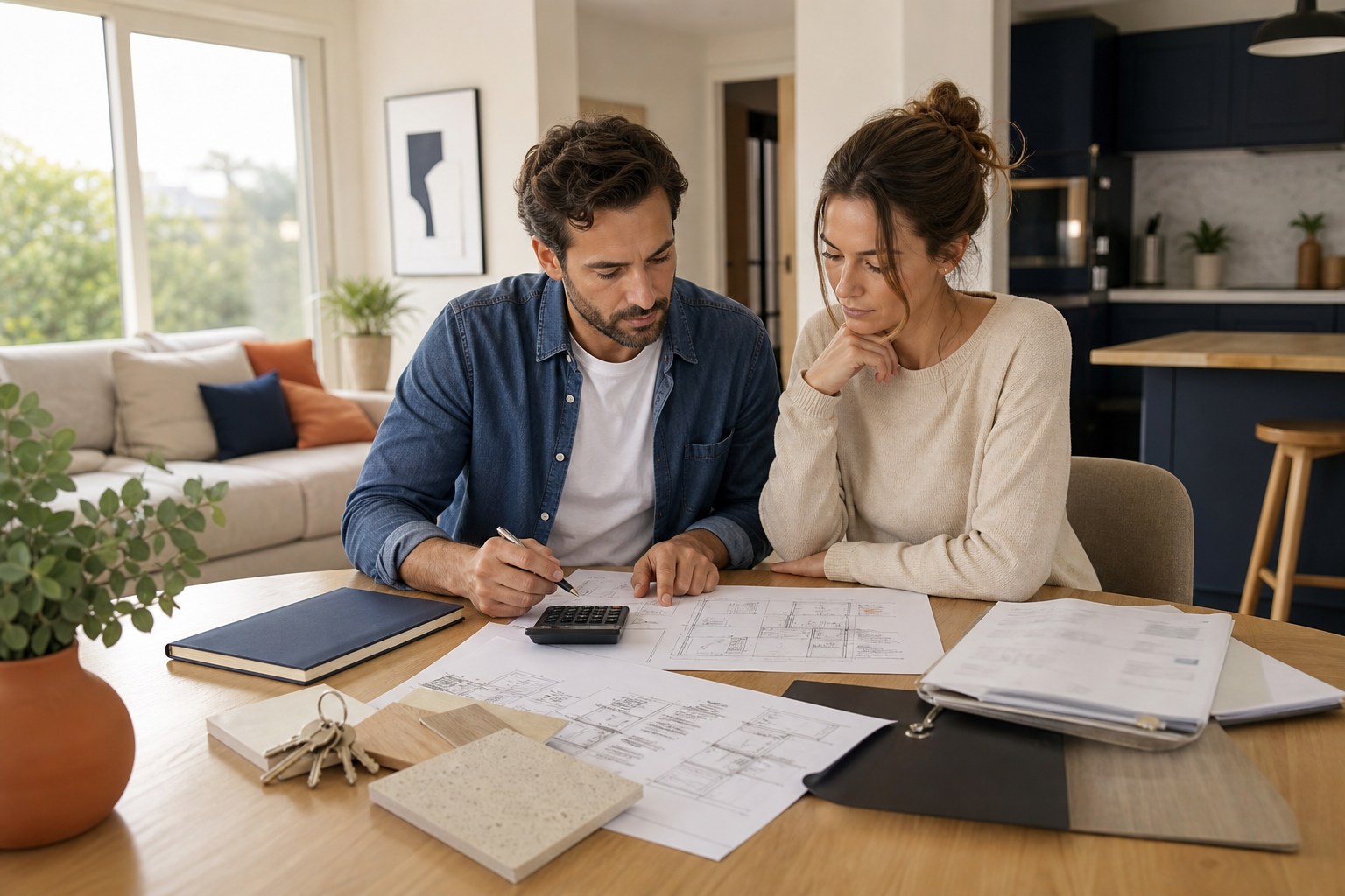 Acheteurs préparant le financement de travaux après un achat immobilier.