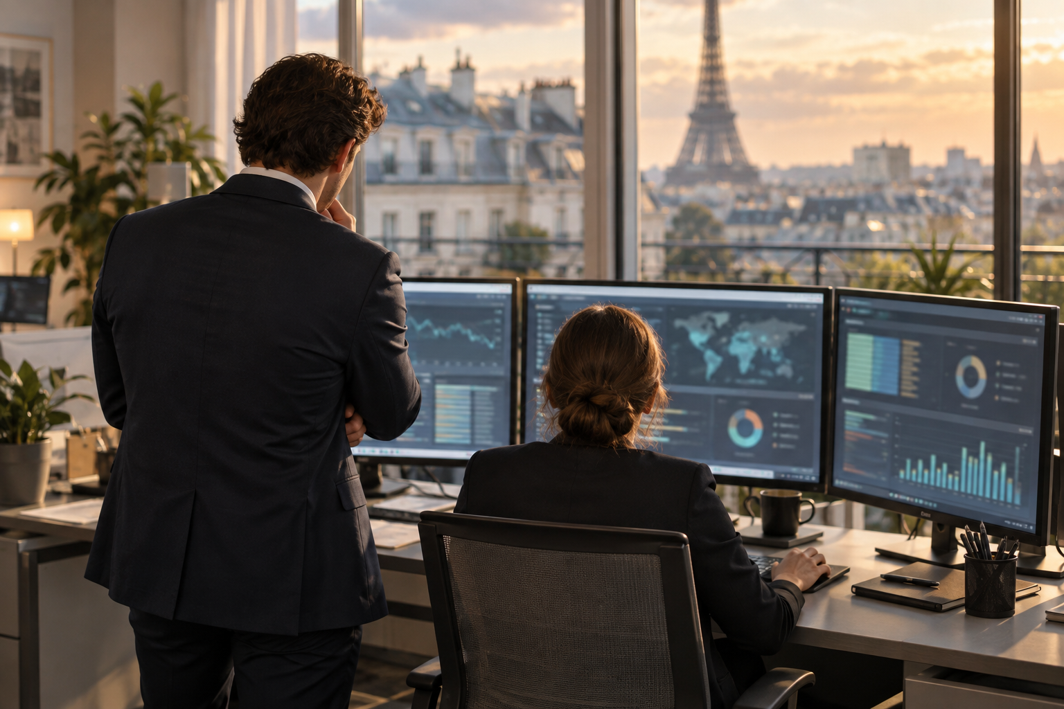 Professionnels de la finance examinant des systèmes numériques dans un bureau lumineux.