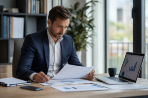 Conseiller financier analysant un dossier d’assurance vie dans un bureau lumineux