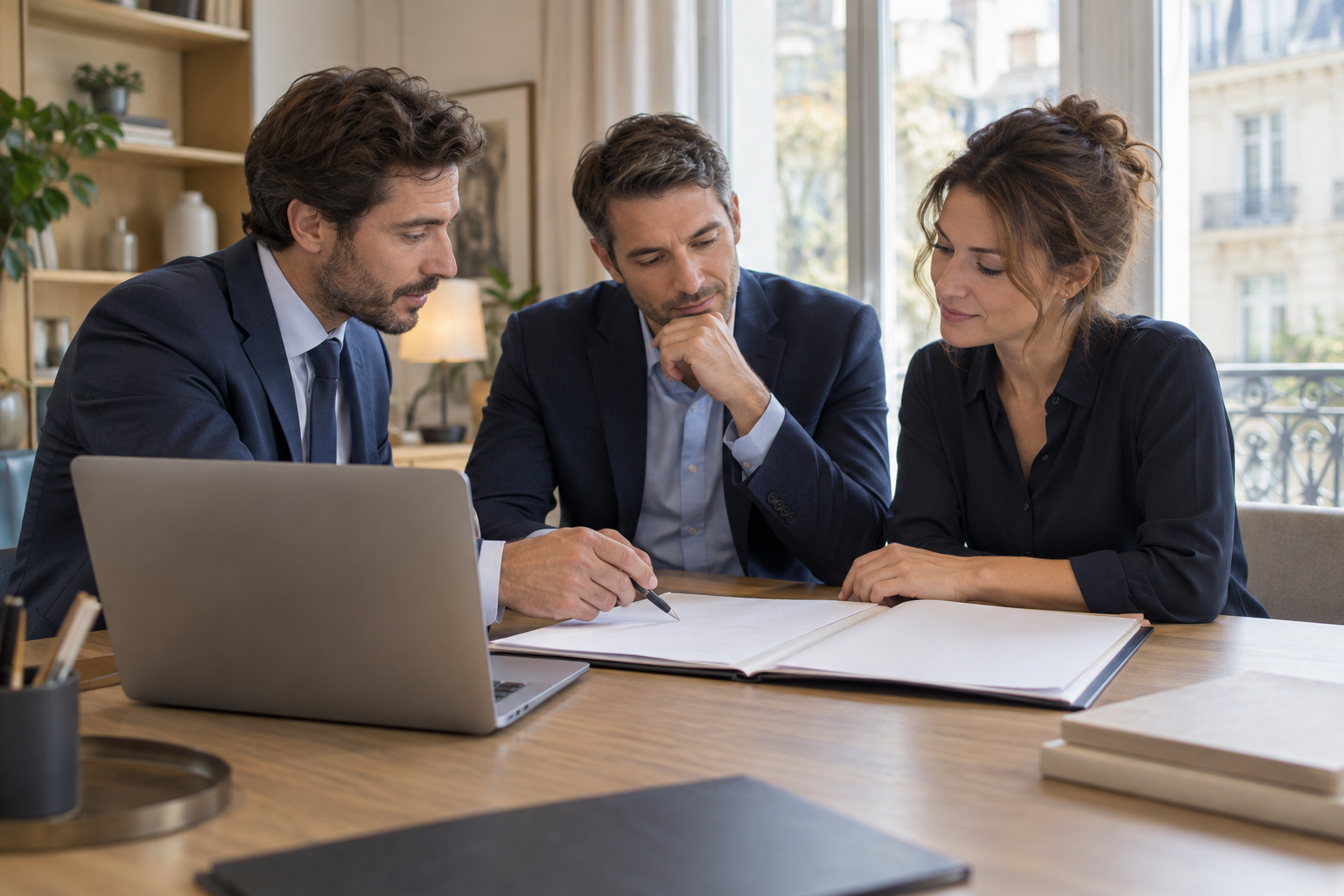 Trois professionnels examinent un dossier de financement autour d’une table dans un bureau lumineux.