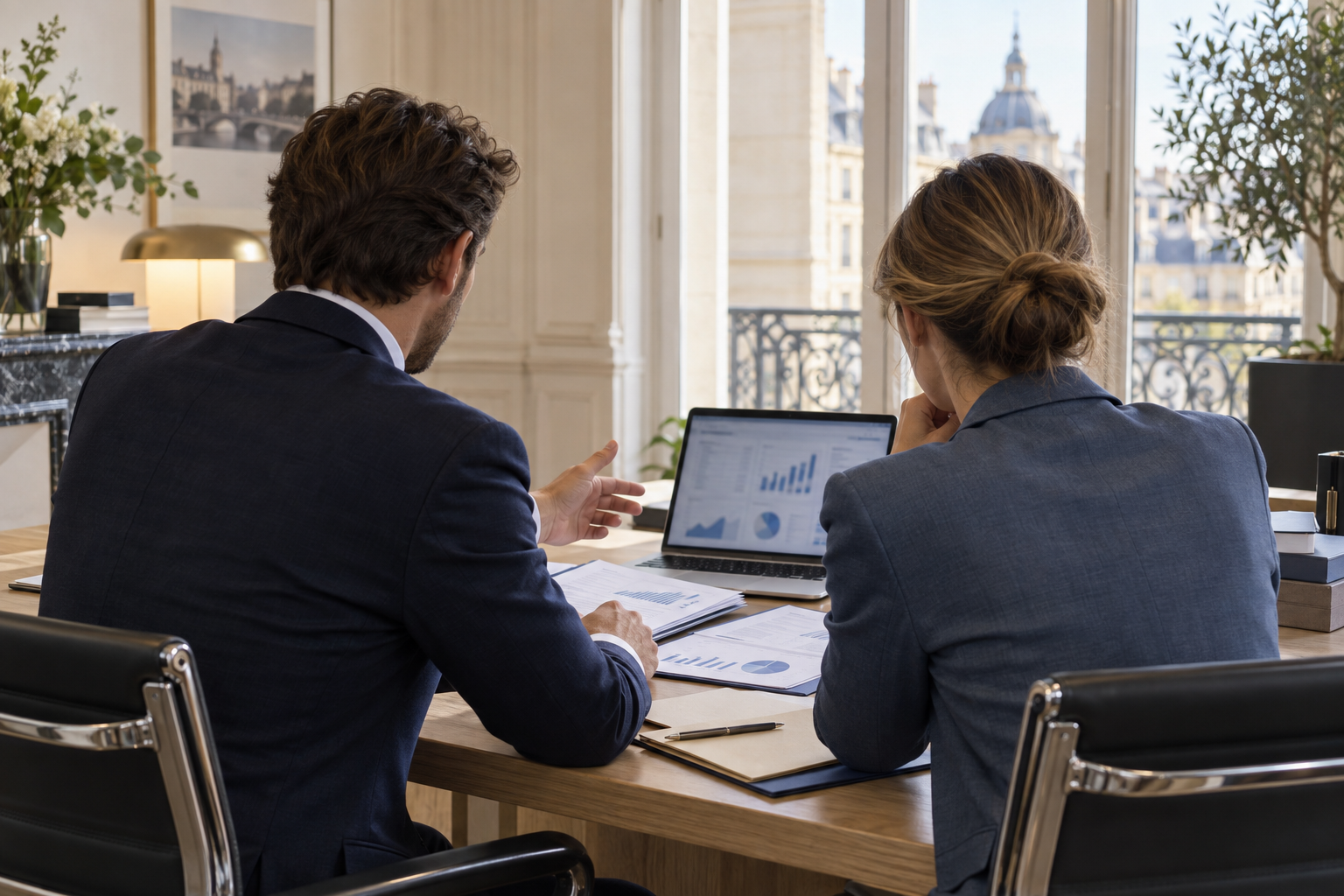 Deux professionnels de la finance examinent des graphiques dans un bureau lumineux.