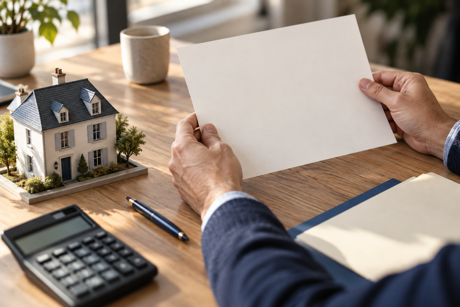 Mains examinant un dossier de financement près d’une maquette de maison et d’une calculatrice.