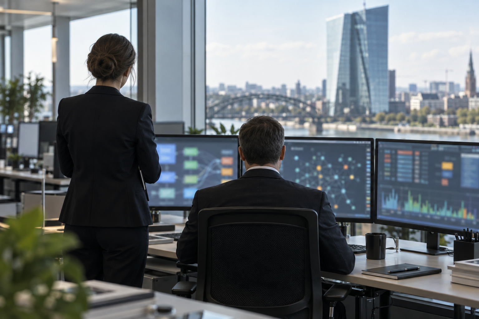 Deux professionnels devant des écrans de marché dans un bureau financier lumineux.