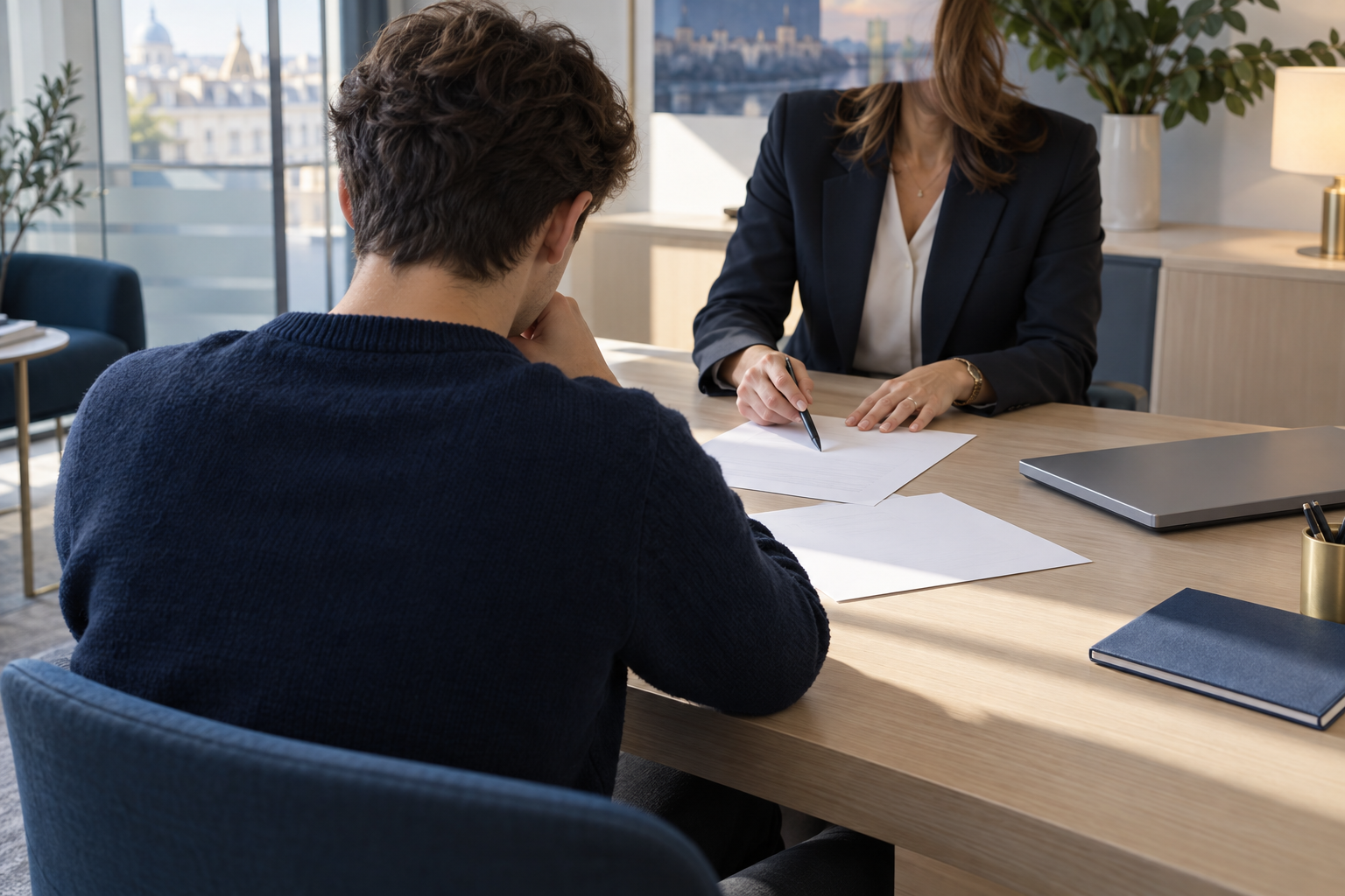 Une personne consulte un conseiller bancaire autour de documents dans un bureau lumineux.