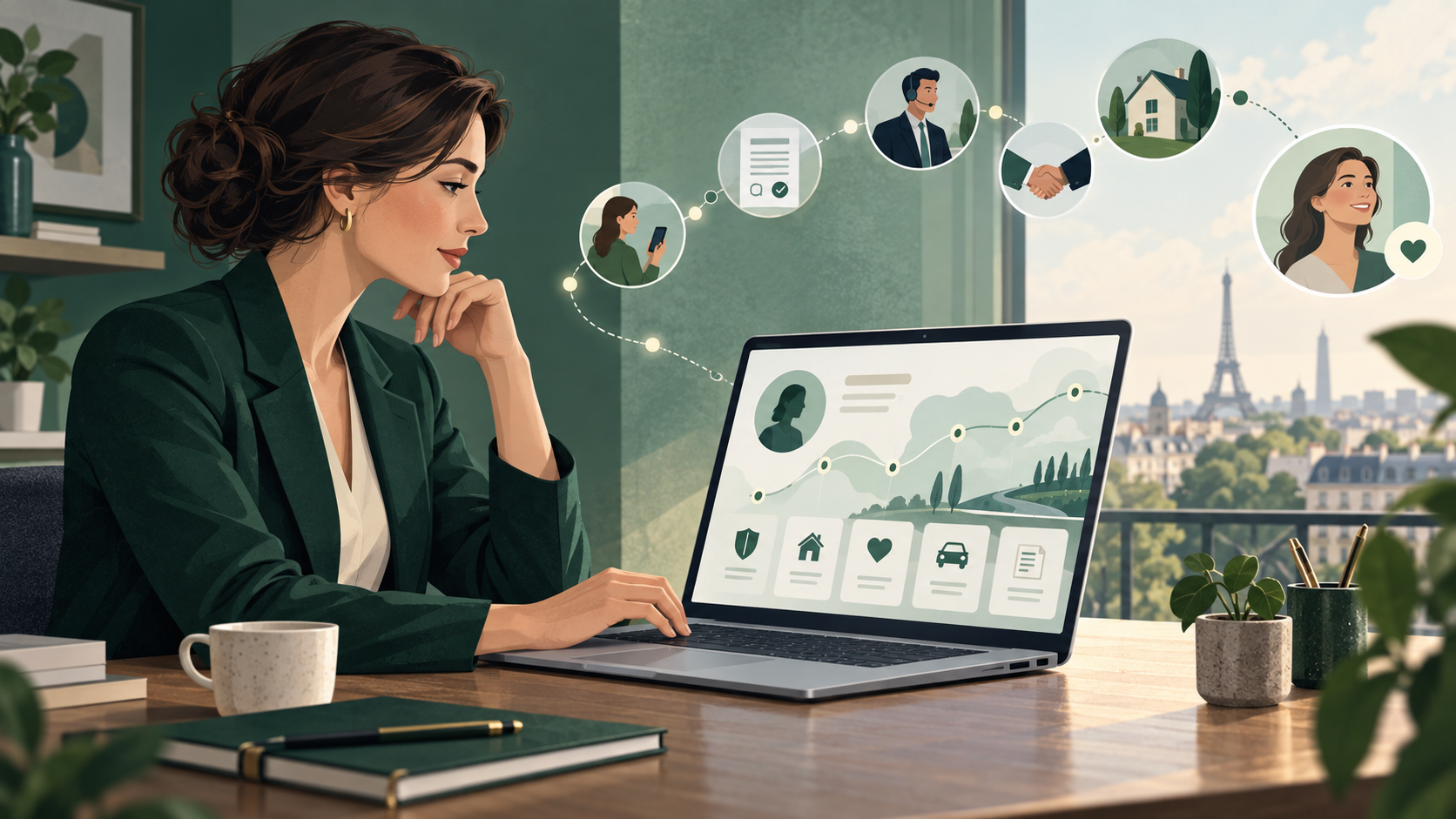 Illustration d’une professionnelle consultant sur ordinateur un tableau de bord et des pictogrammes d’assurance.