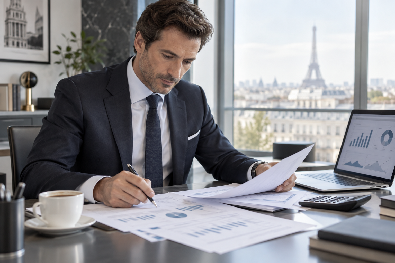 Analyse de documents financiers dans un bureau, illustration d’une prise de participation d’entreprise.