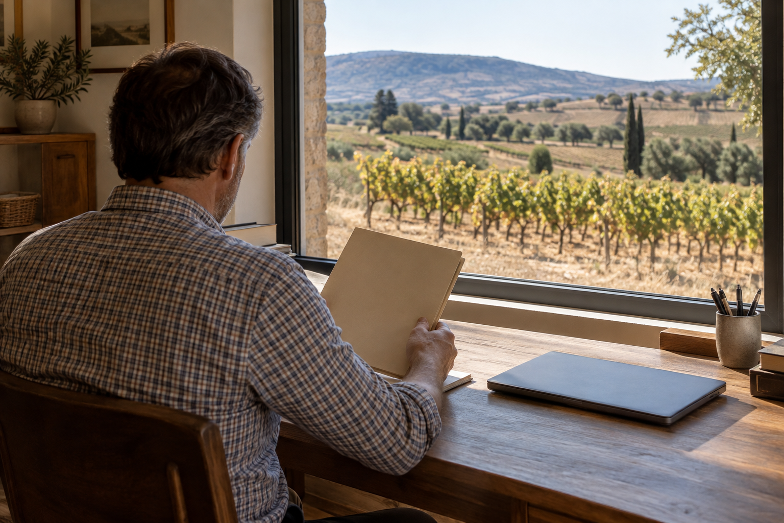 Exploitant de dos étudiant un dossier dans un bureau donnant sur des vignes, illustration de la trésorerie agricole.