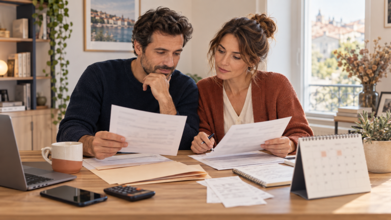 Couple comparant un contrat de mutuelle santé et un calendrier avant une dépense médicale.