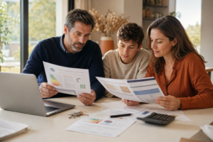 Famille consultant un DPE et un dossier de crédit immobilier à la maison