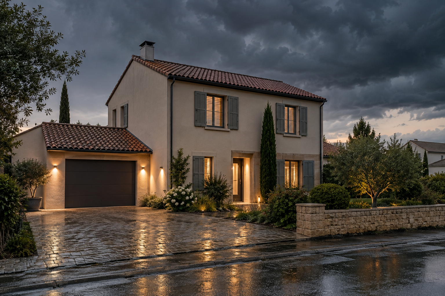 Maison sous un ciel orageux, avec toiture en tuiles et allée mouillée par la pluie.