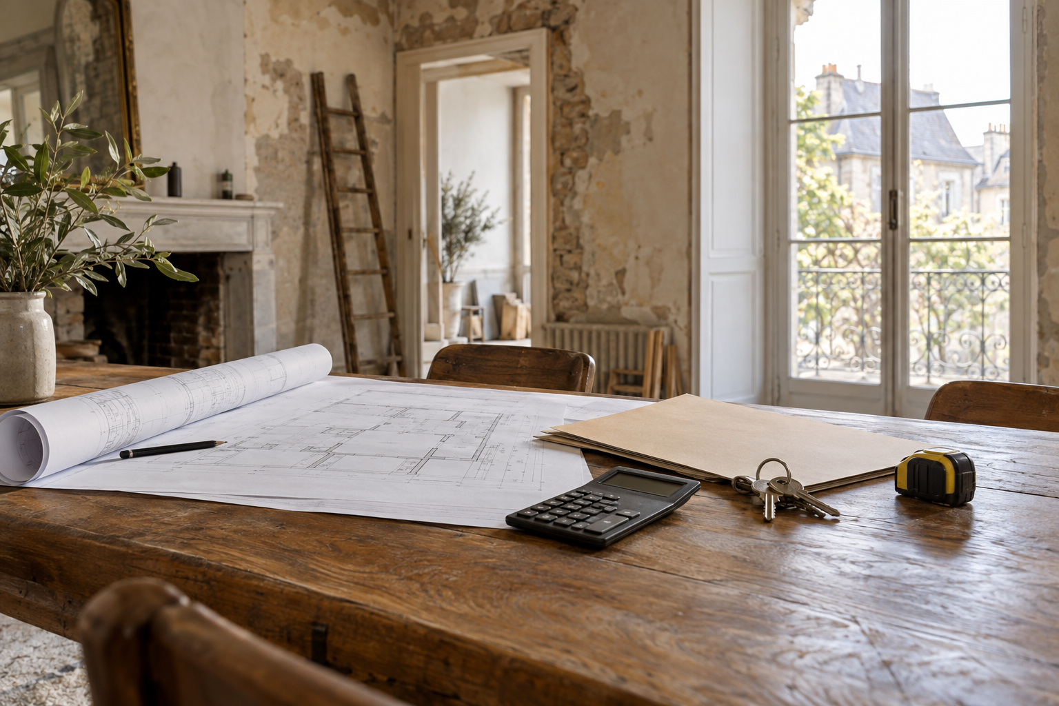 Plans, calculatrice et clés sur une table dans un logement en rénovation.