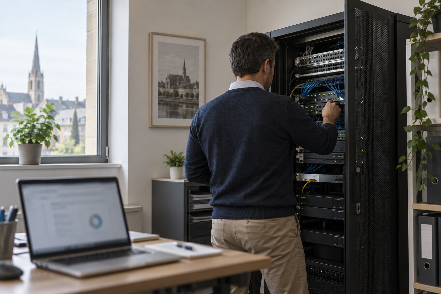 Un professionnel inspecte une baie informatique dans les locaux d’une petite entreprise.