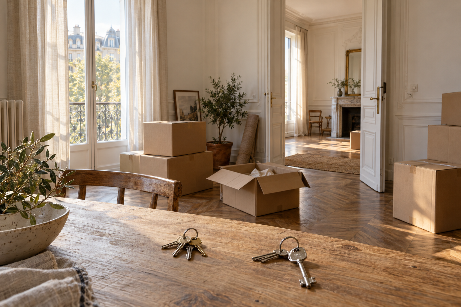 Deux jeux de clés et des cartons de déménagement pour illustrer l’assurance de deux logements.