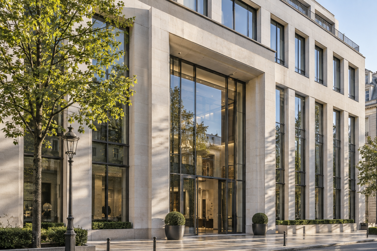 Façade en pierre et verre d’un immeuble de bureaux dans une rue européenne.