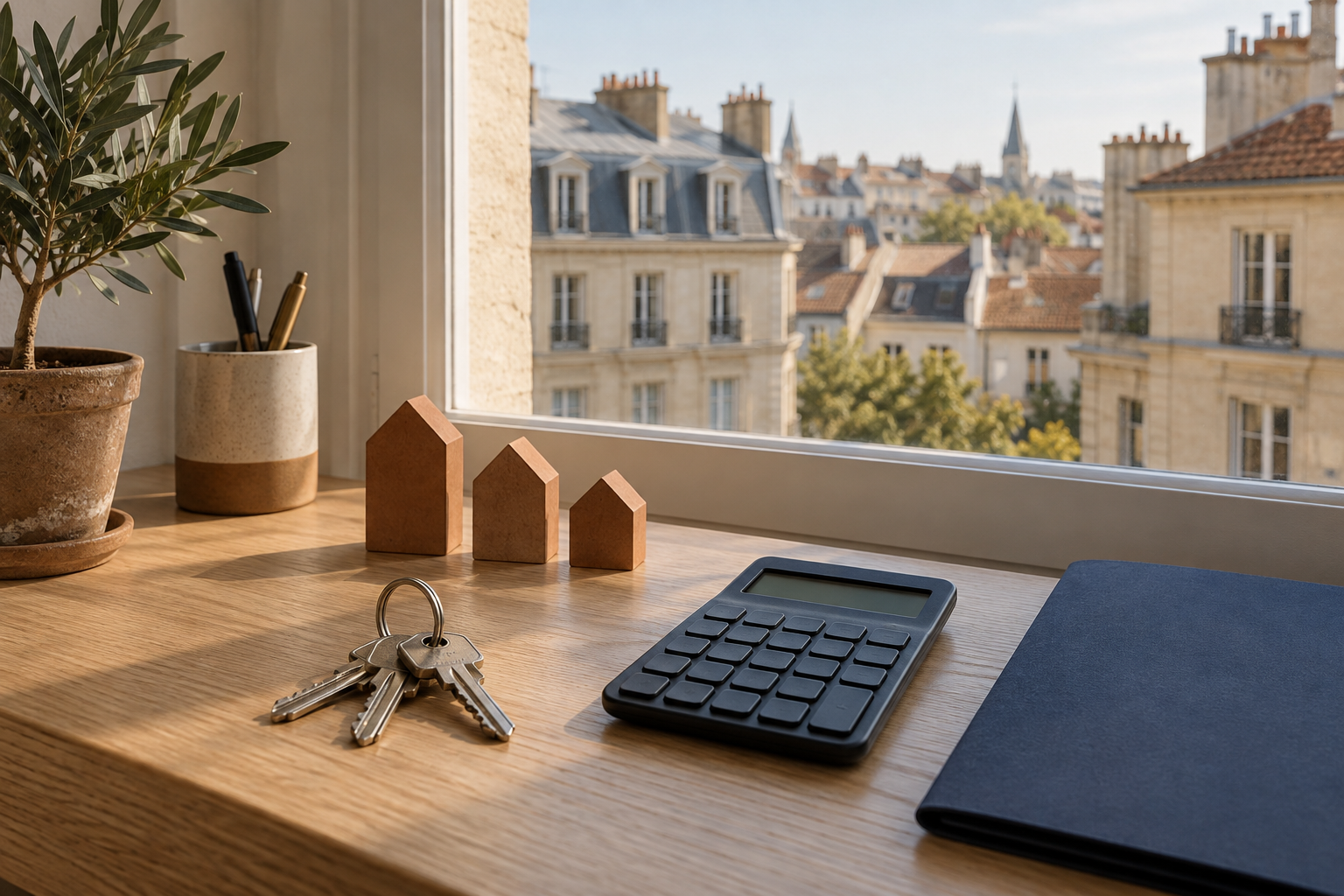 Clés de logement et calculatrice sur un bureau devant des immeubles résidentiels.