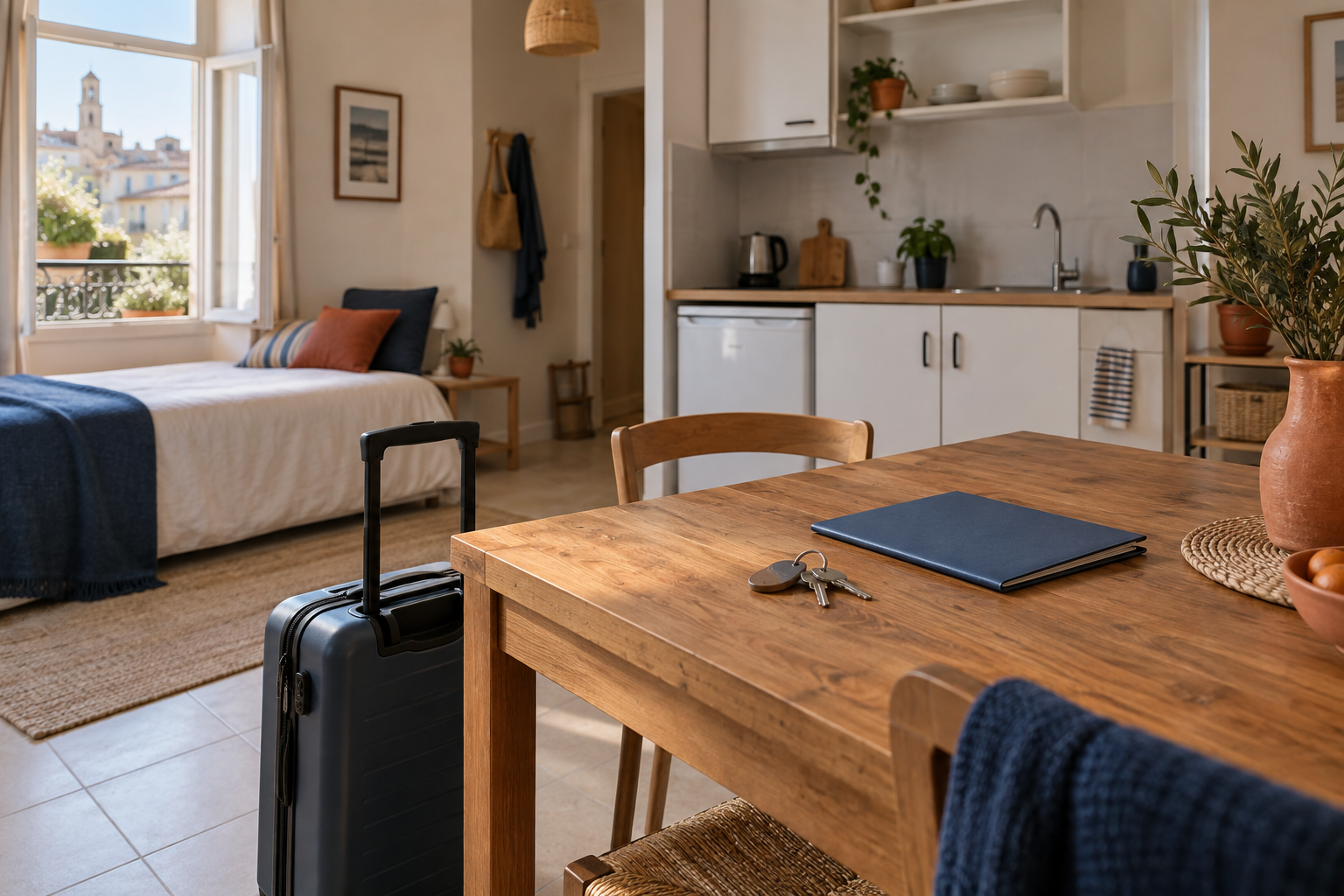 Studio meublé lumineux avec une valise près de la table et des clés de logement.
