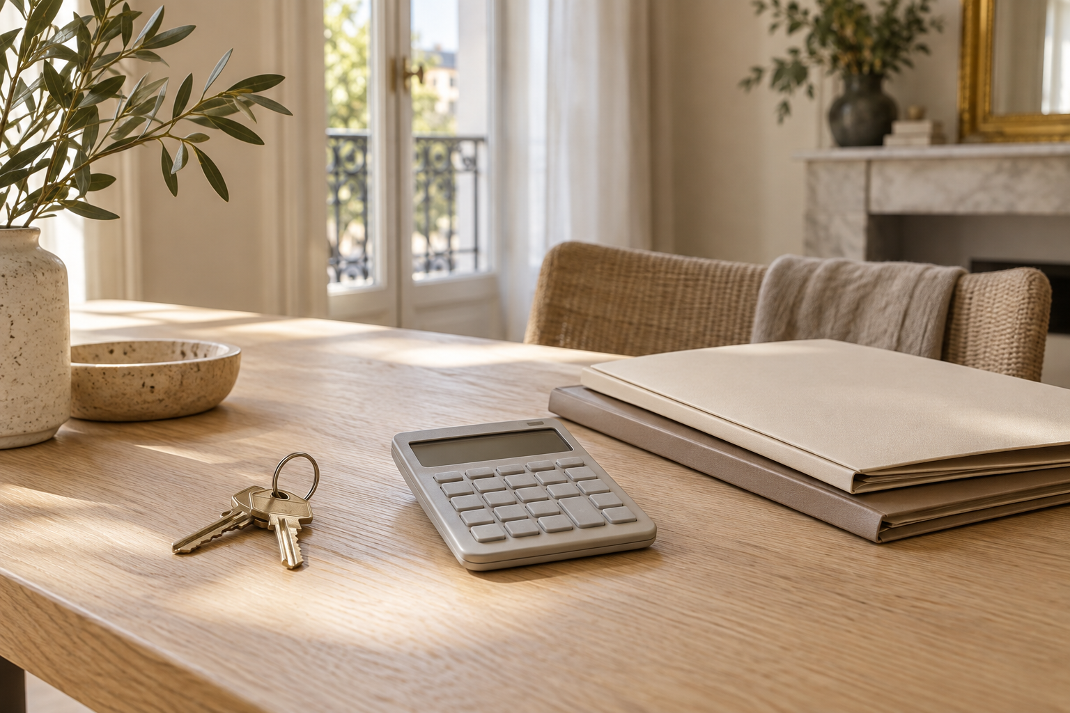 Clés de logement, calculatrice et dossiers de financement sur une table dans un appartement lumineux.