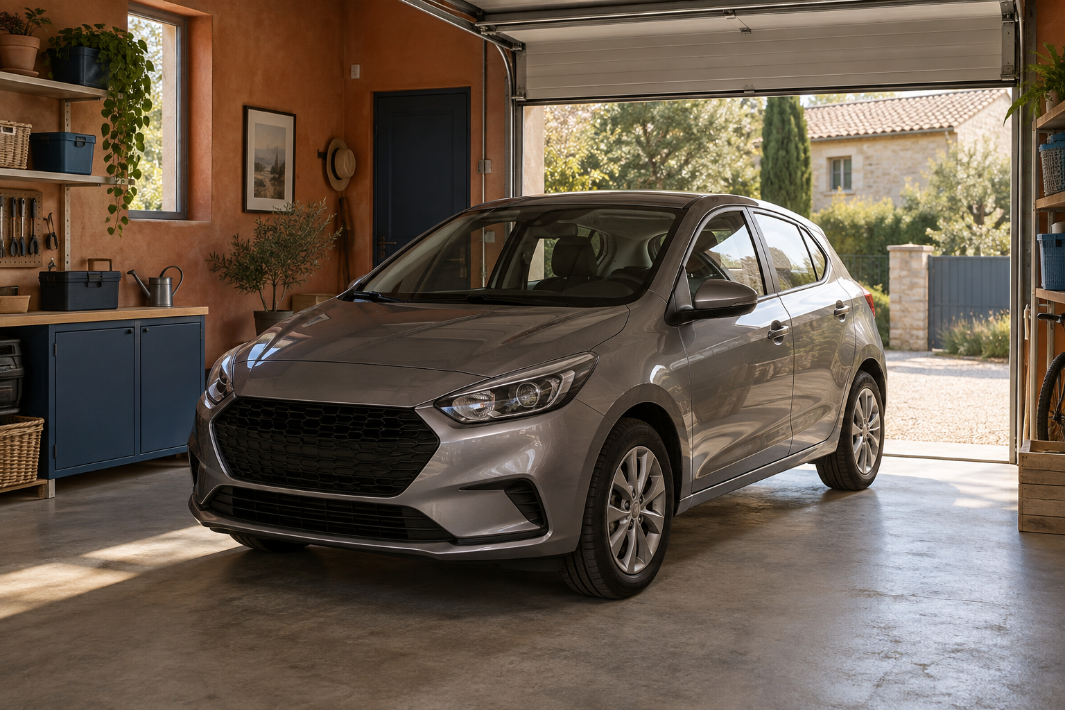 Voiture stationnée dans un garage privé.
