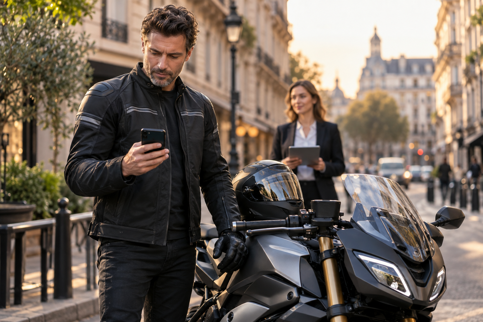 Motard consultant une alerte de prévention avant un trajet assuré en deux-roues.