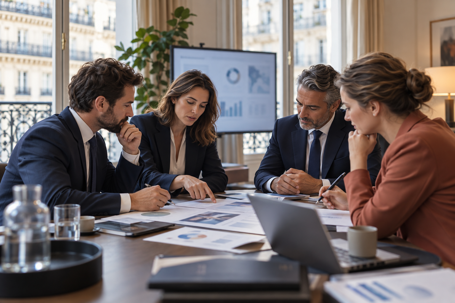 Professionnels de l’assurance examinant un dossier de risques d’entreprise dans un bureau français.