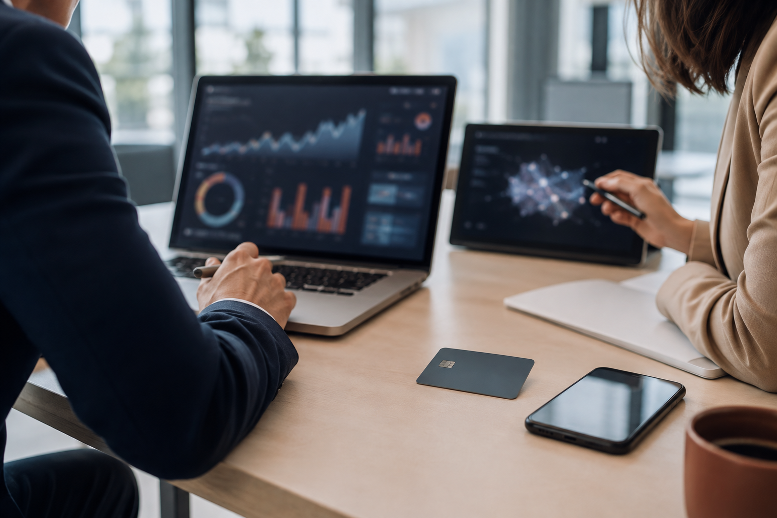 Professionnels analysant la sécurité d’un paiement par intelligence artificielle sur carte bancaire.