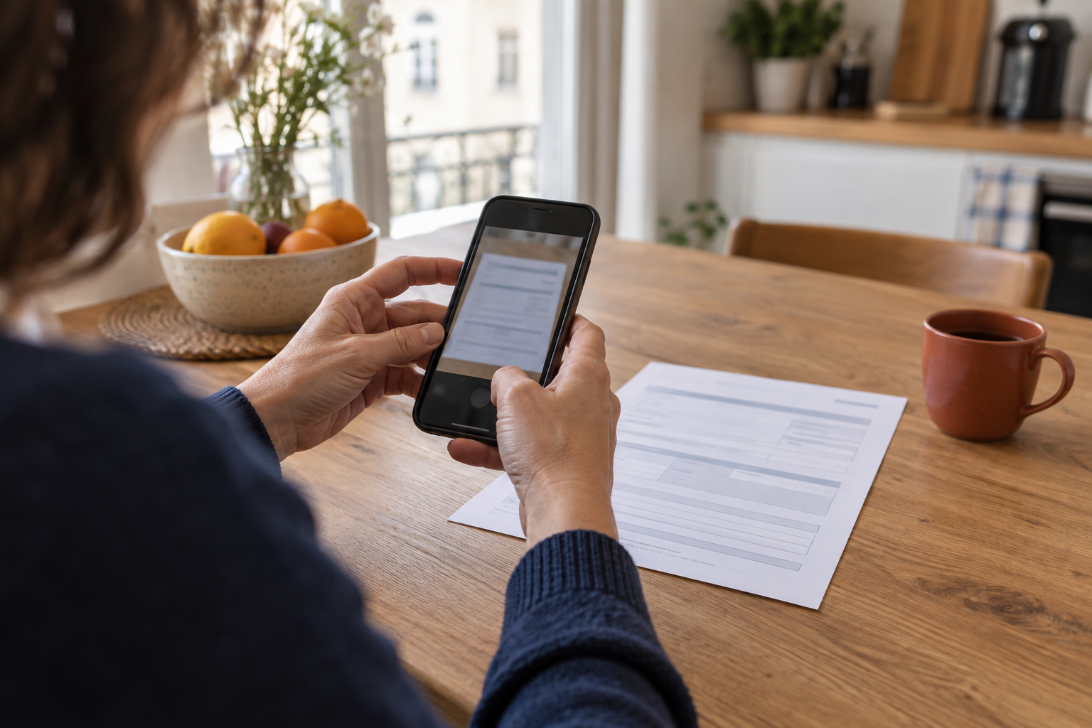 Une personne photographie une feuille de soins papier avec un smartphone sur une table