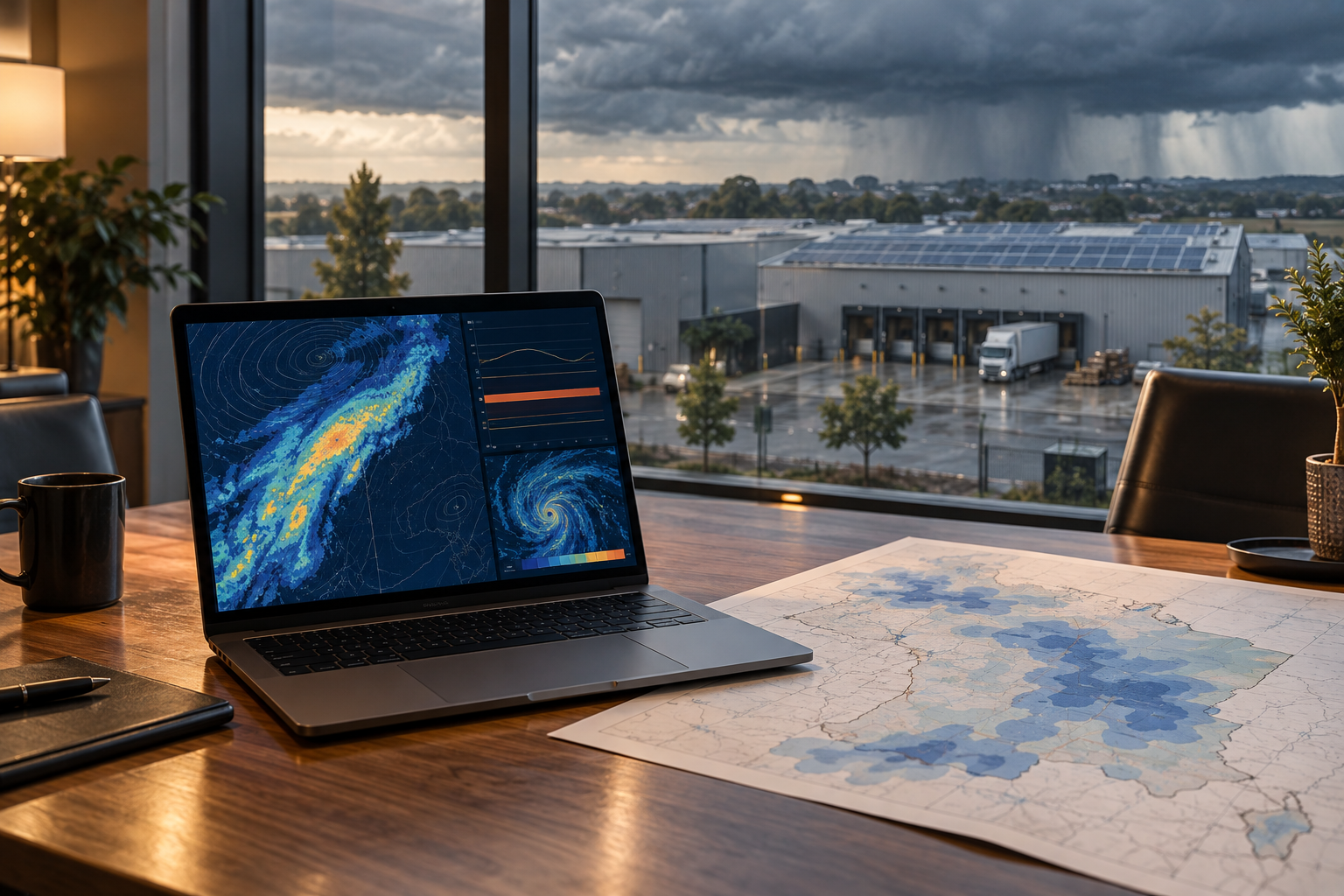 Données météo et site industriel à l’approche de la pluie, illustration de l’assurance paramétrique.