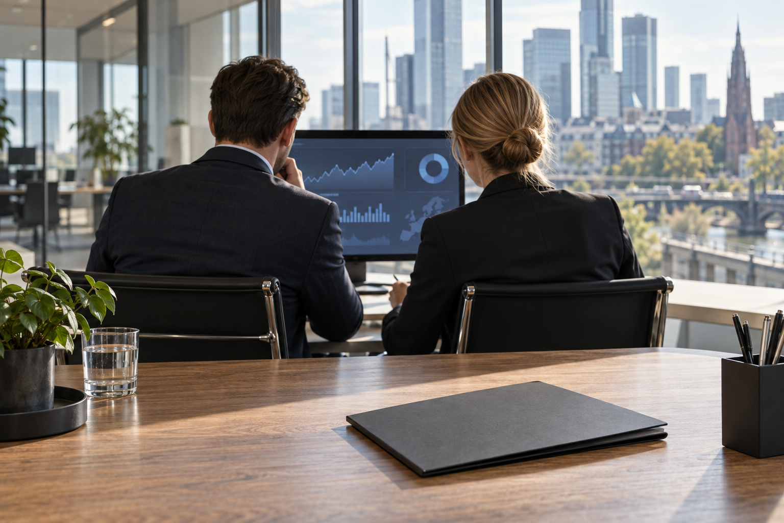Deux professionnels analysent des graphiques financiers dans un bureau lumineux de gestion d’actifs.
