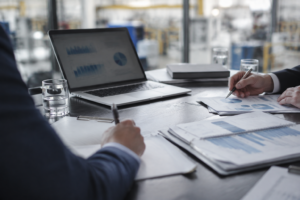 Dossiers de financement industriel sur une table de réunion professionnelle