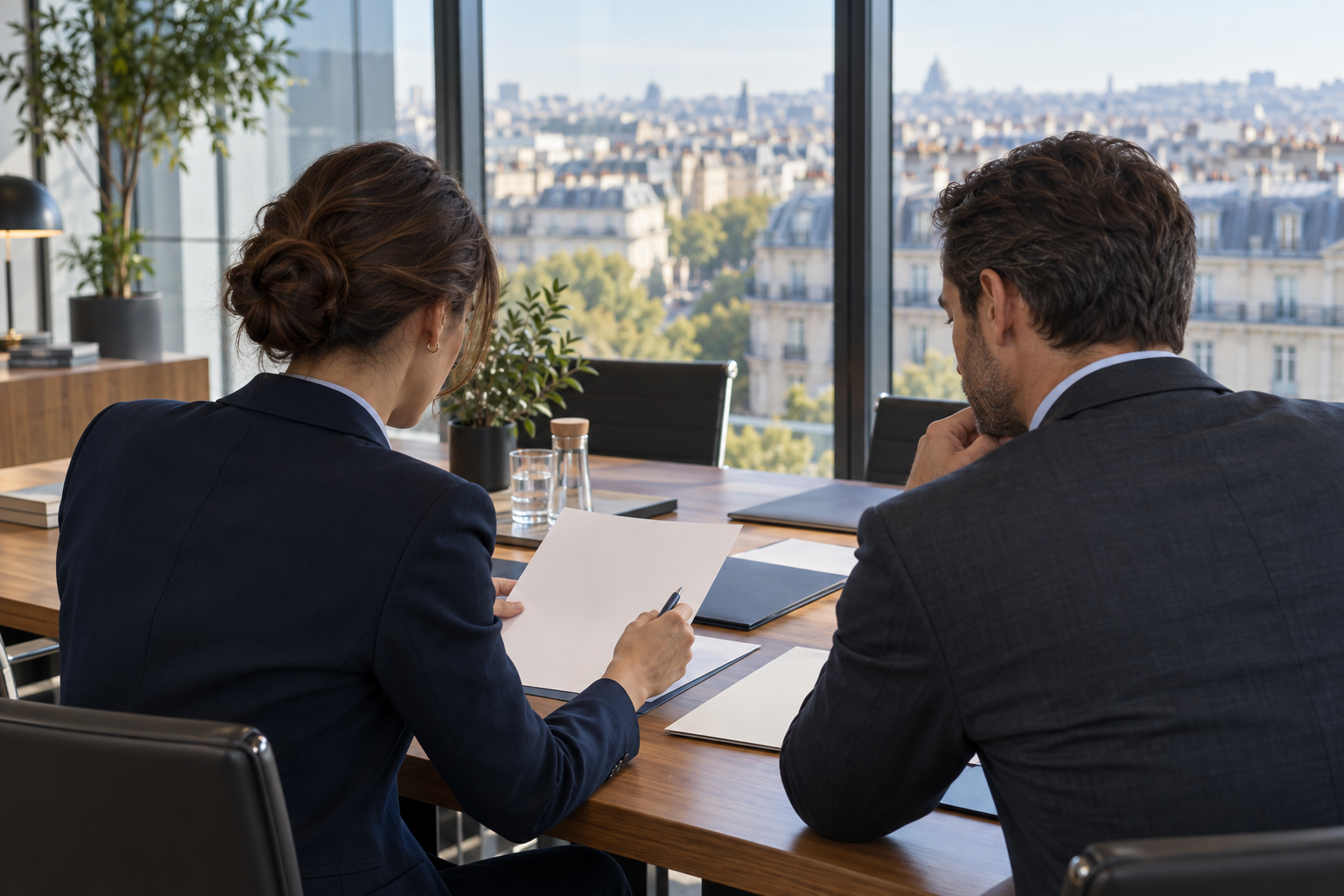 Professionnels étudiant des dossiers d’assurance dans une salle de réunion lumineuse