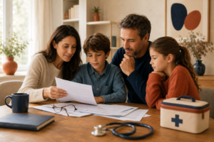 Famille consultant les garanties d’une mutuelle santé autour d’une table