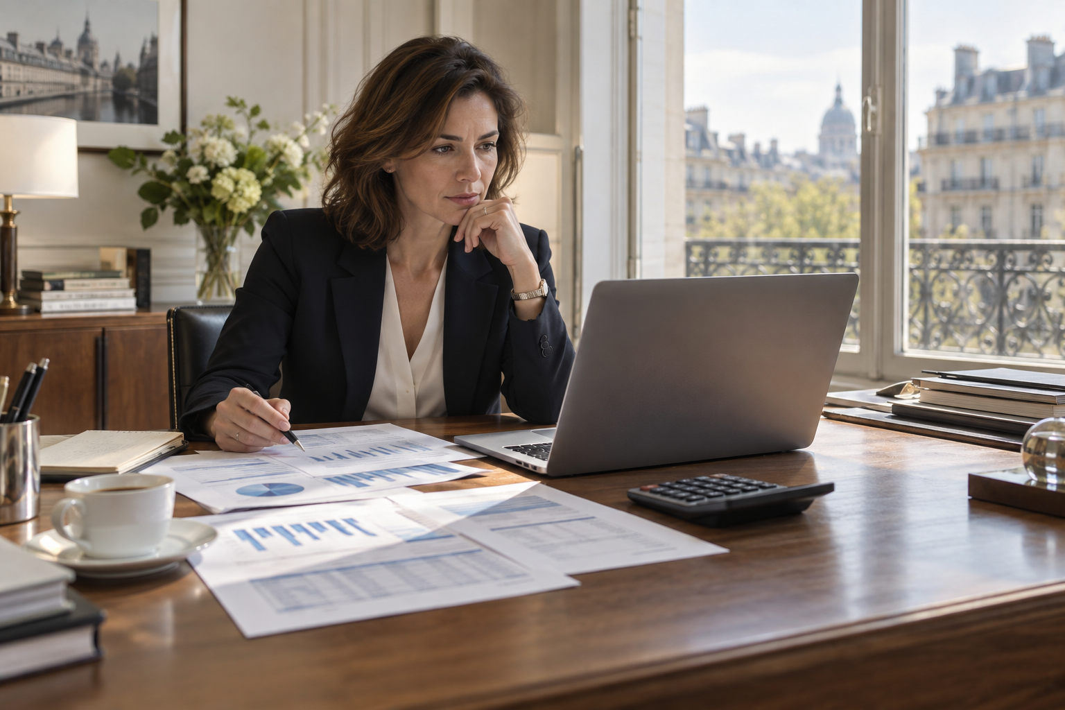 Une professionnelle examine des documents financiers dans un bureau, illustration du refinancement d’entreprise.