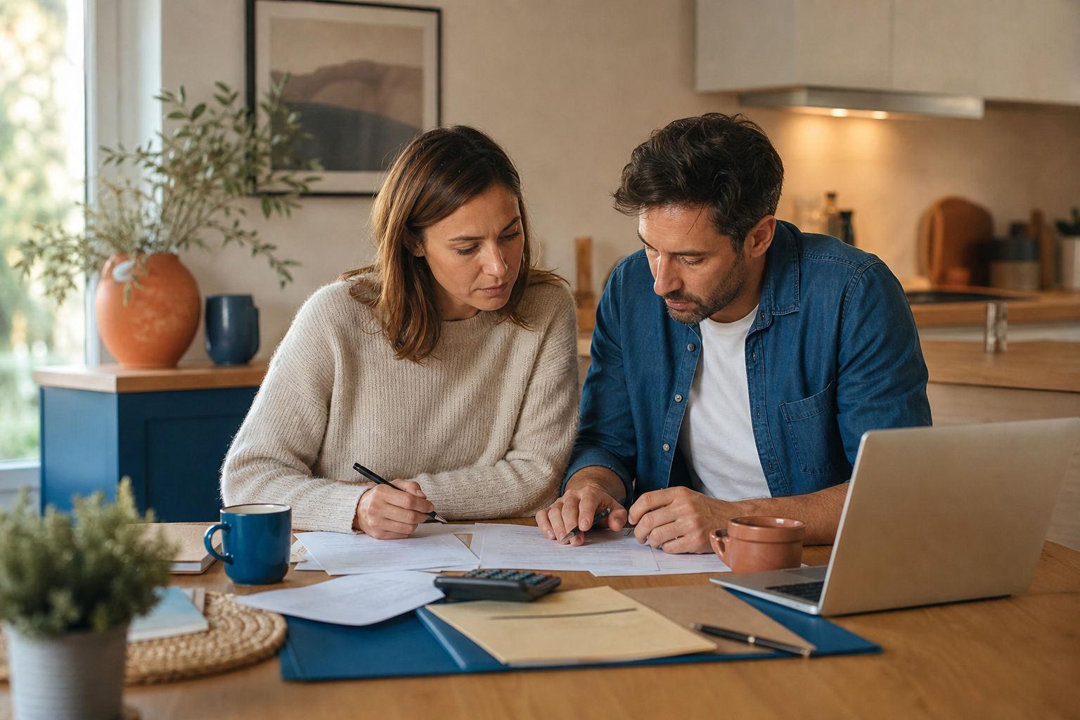 Couple préparant son dossier de crédit immobilier et son assurance emprunteur
