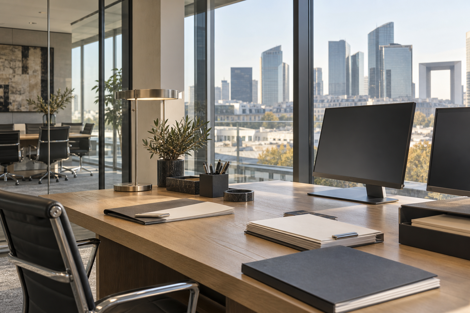 Bureau contemporain avec dossiers et écrans noirs, devant les tours et la Grande Arche de La Défense.