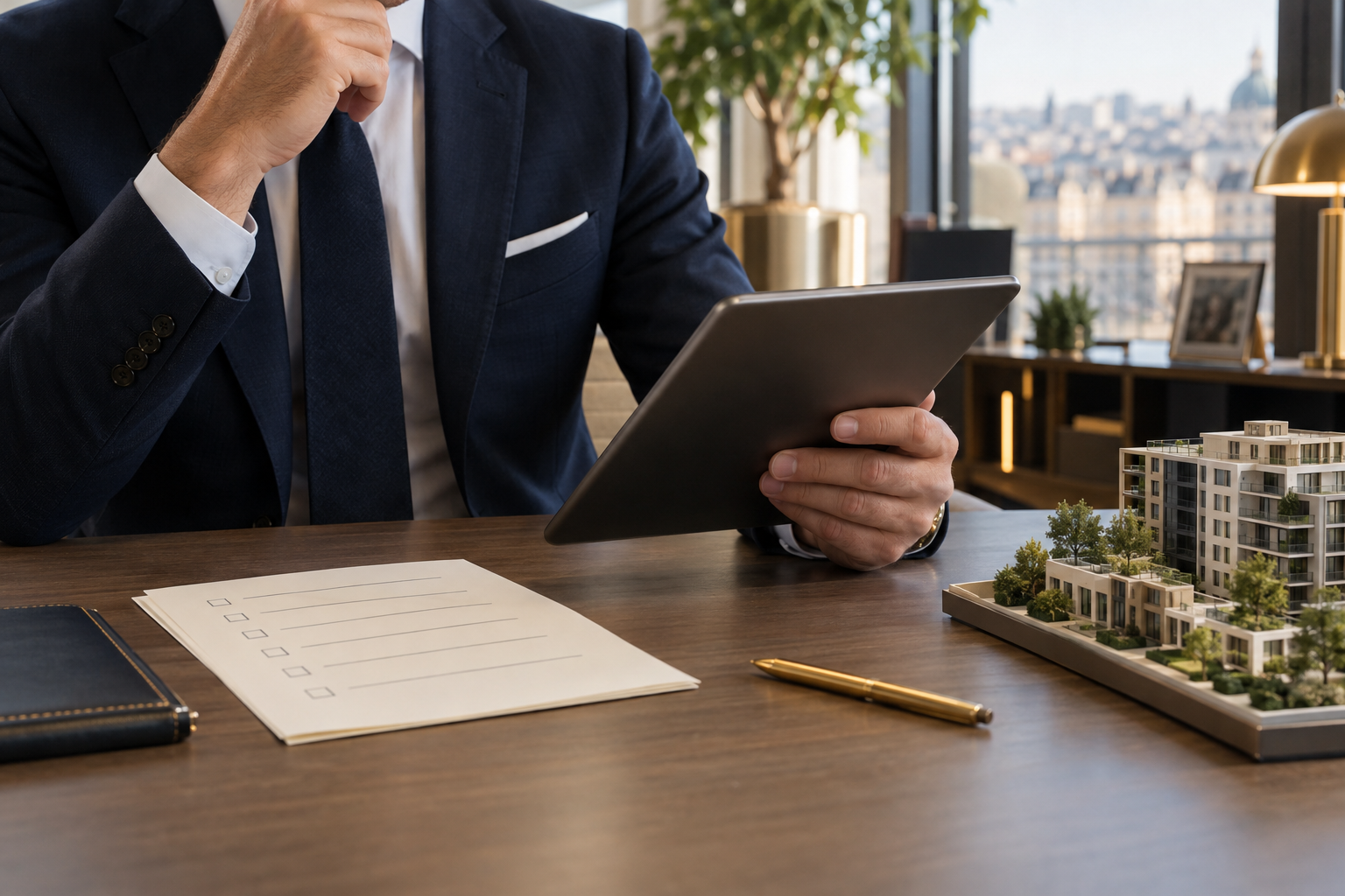 Une personne consulte une tablette près d’une liste de contrôle et d’une maquette immobilière.