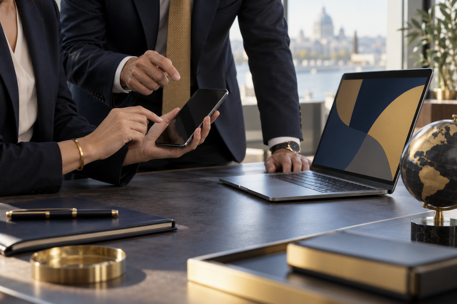 Deux professionnels consultent un téléphone près d’un ordinateur et d’un globe dans un bureau.