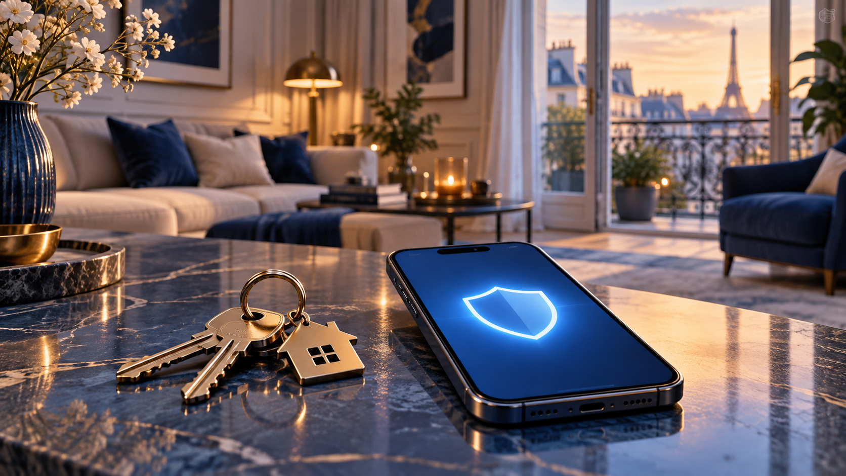 Clés de logement et smartphone affichant un bouclier de protection