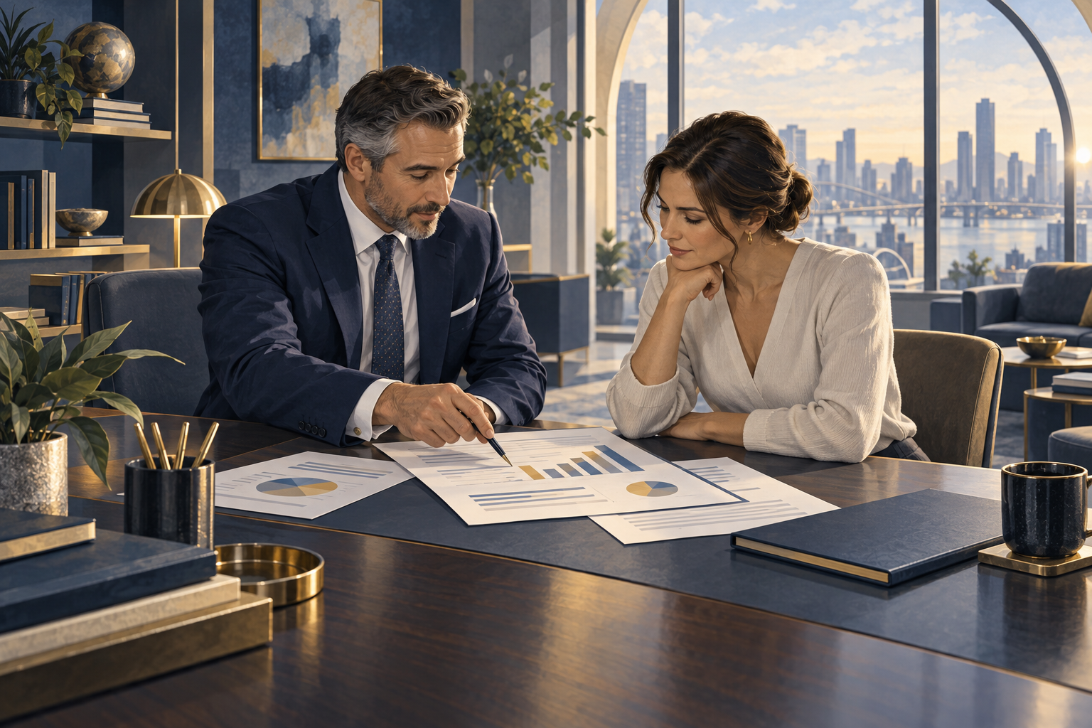 Conseiller présentant des documents financiers à une cliente